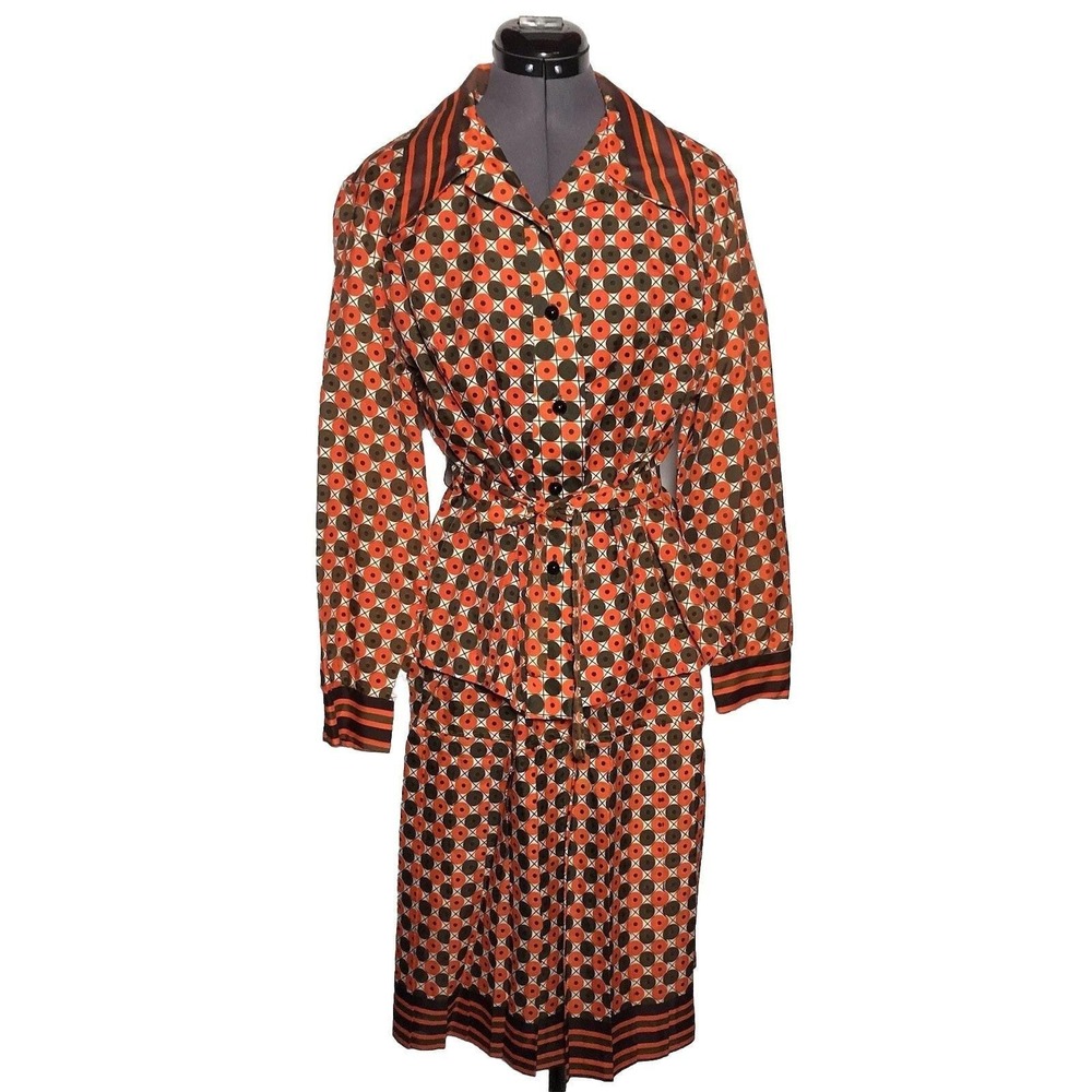 Vintage‎ 70s Mod Skirt & Top Set Orange Brown Geometric Print Disco M